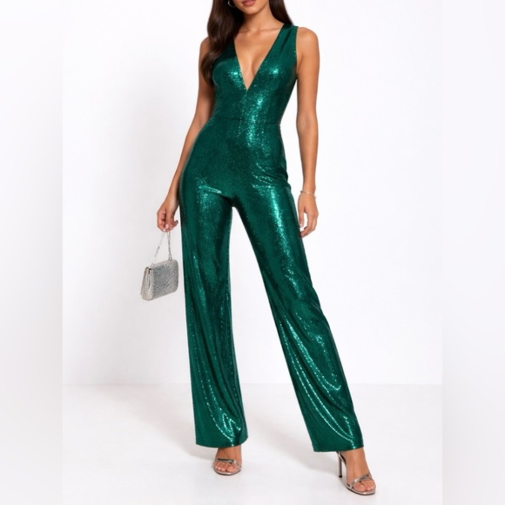 Aidan Mattox Emerald Green Sequin Deep V Jumpsuit